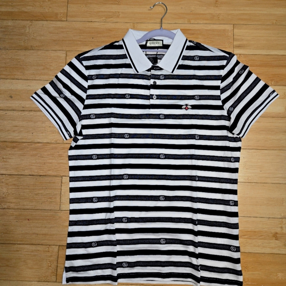 Gucci polo.  Black + White, striped Double G embroidered, Bee logo, 4 the LOW!!